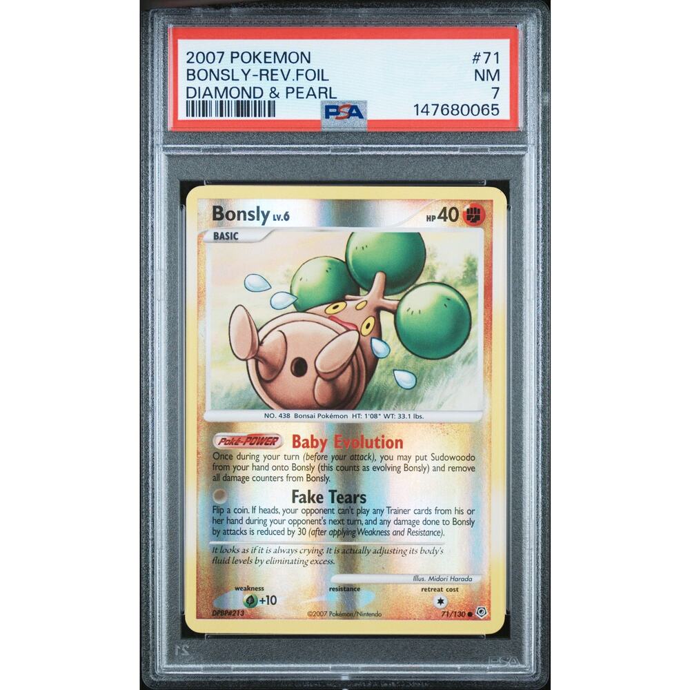 PSA 7 NM Bonsly 71/130 Pokémon 2007 Diamond & Pearl Reverse Holo Card Graded